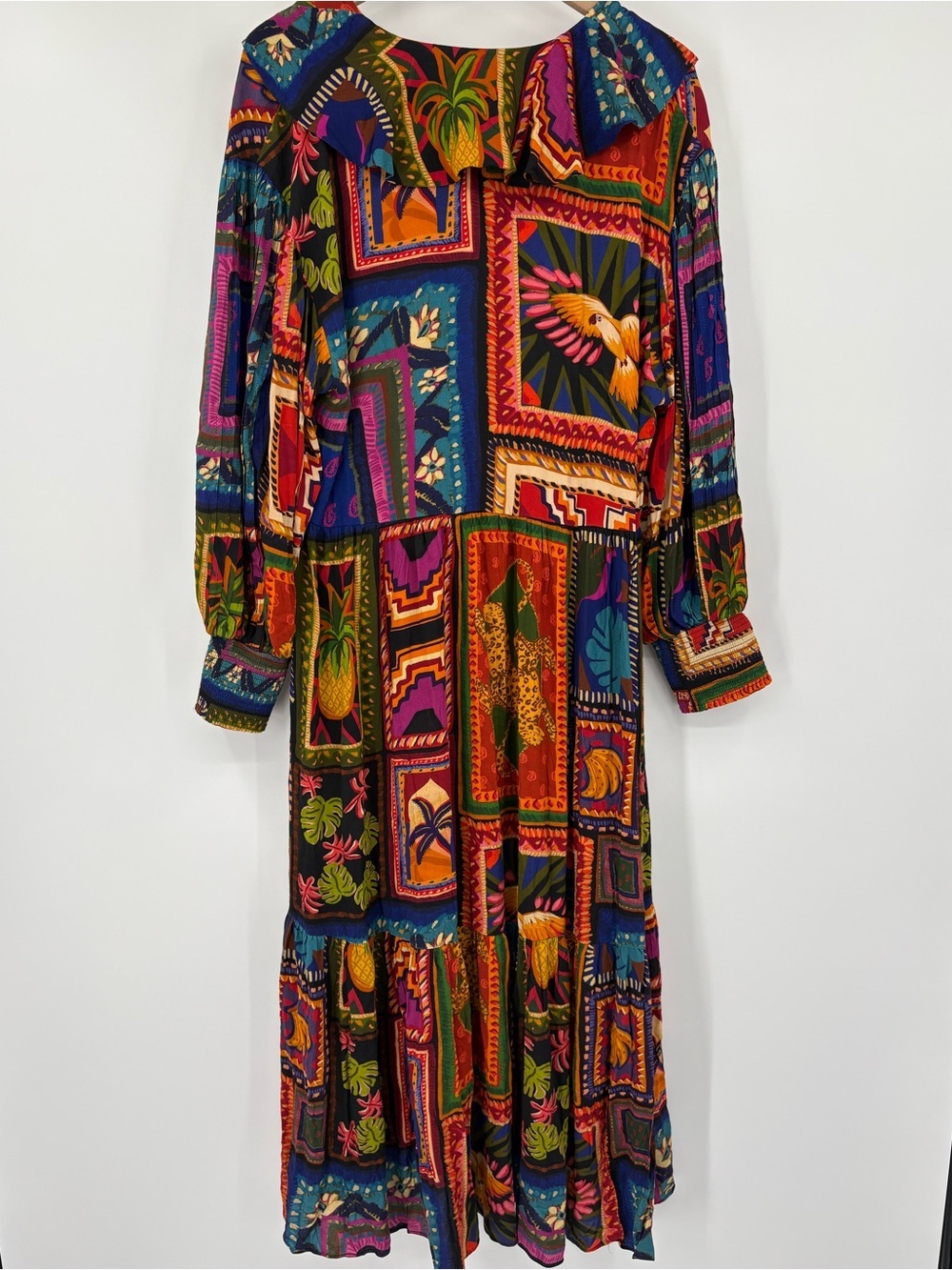 Farm Rio Patchwork Tapestry Ankle Maxi Dress Size L Ruffle Boho - Picture 15 of 16
